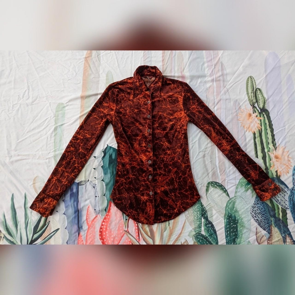 Vintage 90's Indian Rose Italy Brown & Orange Velvet Floral Button Up Blouse